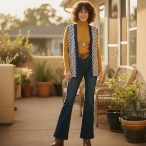 Vintage 70's Geometric Print Navy & White Retro Open Vest